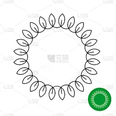 圆形框架与树叶。线条风格圆月桂。