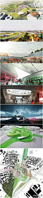 Manuelle Gautrand Architecture设计的欧罗巴城规划参赛作品。尽管BIG设计的方案赢得了最终的认可，但是法国建筑师Manuelle Gautrand的方案仍然值得推敲——它提议采用悬空的卷轴来展现欧洲城市风貌的统一形象，就像是景观中常见的涡流——在它之下有千变万化的自然运动