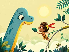 an illustration of a girl and a dinosaur in the jungle