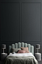 sea-foam headboard // black bedroom walls