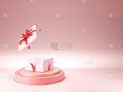 3d红丝带打开礼盒渲染与一个粉红色的金色舞台在图像的左边位置。柔和的粉色场景和极简的背景风格。情人节