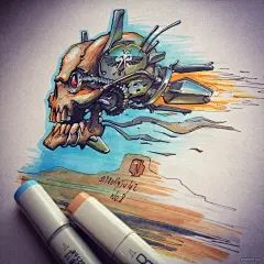 一组超炫酷纸上3D骷髅和机甲插画