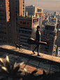 Anime 3071x4096 anime girls schoolgirl school uniform brunette bangs sweater guitar musical instrument music walking cats women with cat building city cityscape bokeh sunset artwork illustration digital art drawing original characters GUWEIZ Z.W. Gu anime