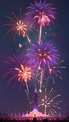 夜晚唯美紫色新年烟花插画AI数字艺术