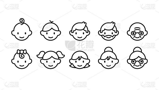 从婴儿到老人的不同年龄段人群的图标集(可...