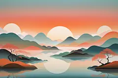 新中式国风扁平山水意境插画