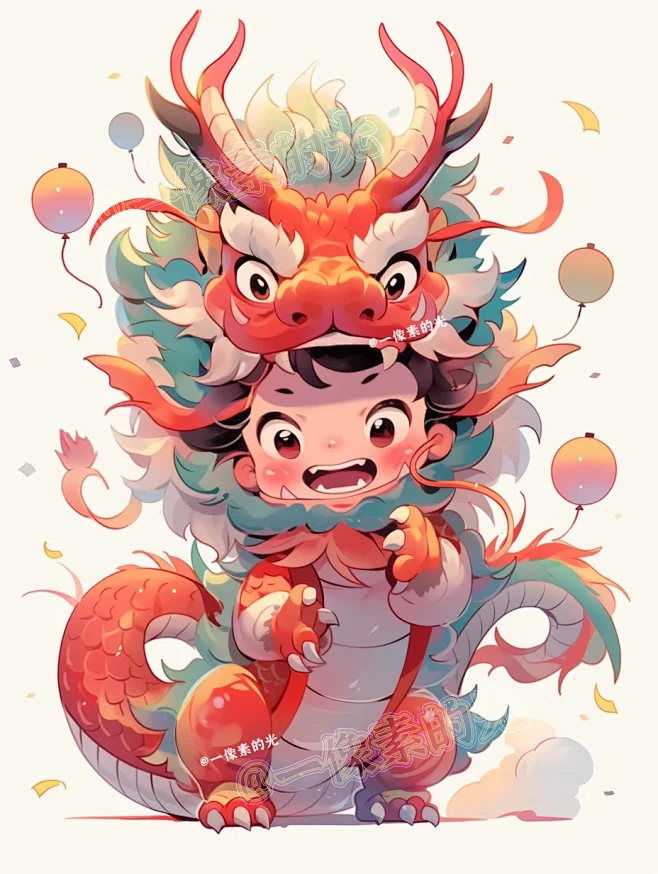 可爱小孩舞龙卡通插画／2024龙年IP-花瓣网