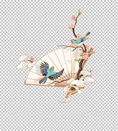 扇子方格云雾树枝花朵