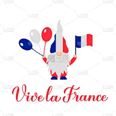 法国书法手字和可爱的侏儒举旗。法国万岁!矢量模板印刷海报，横幅，传单，贴纸，t恤，明信片，标志设计