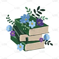  矢量手绘插图-一堆书和花...夏天的心情。贺卡、传单、杂志、网站和应用程序的平面趋势图解