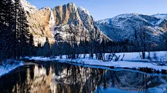 山区,冬天,雪,森林,树木,溪流,山水倒映,风景壁纸
