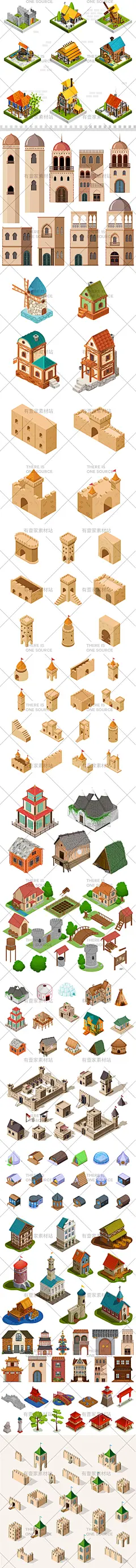 古代复古中世纪建筑房子房屋楼房城堡木屋古屋插画AI矢量设计素材-淘宝网