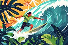 扁平风冲浪手绘夏季插画
