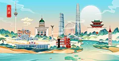 天津城市旅游地标建筑手绘插画