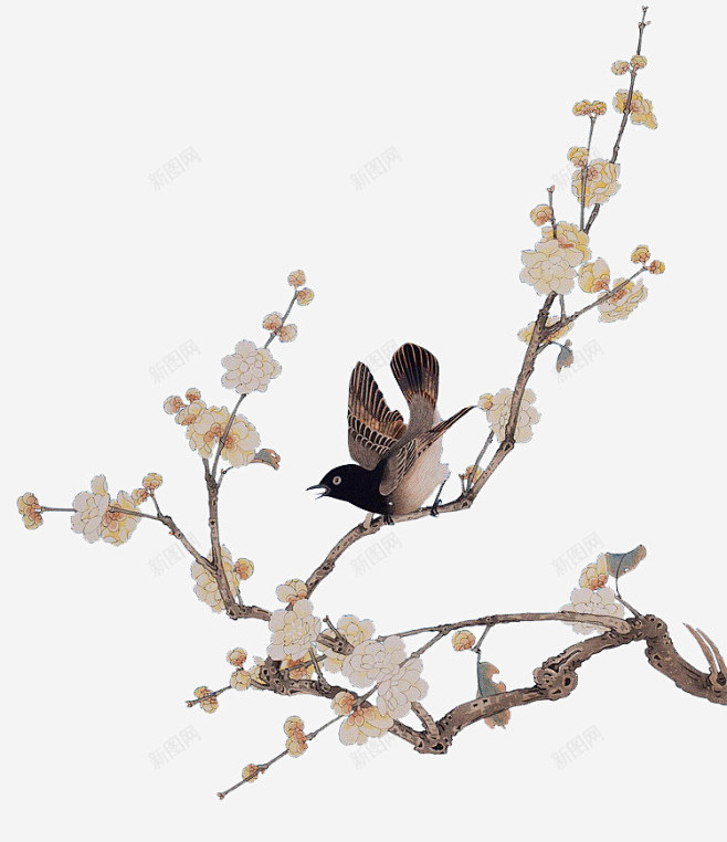 水墨树枝鸟中式图