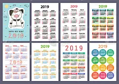 新年前夕,简单,猪,2019,多色的,格子,日历,星期日,星期,开端