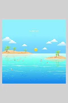 蓝渐变手绘风清新素雅湖水风景插画