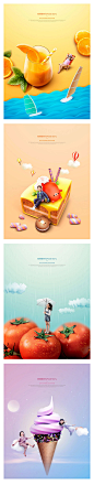 创意合成美食水果甜点蔬菜茶饮夏季沙滩澄汁广告PSD海报设计素材