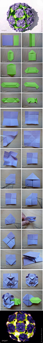  折纸花球教程，用纸：24张9*9cm，48张4.5*9cm