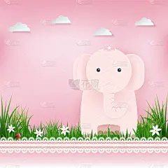 粉象在田野和云贺卡，生日贺卡。淋浴卡纸艺术风格插图粉红色的背景