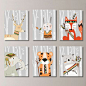 Tribal Woodland Nursery Art: This six-print set features six images of tribal animals: tiger, bear, bunny, deer, fox and elephant, on a light