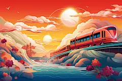铁路铁轨国潮春运喜庆火车插画