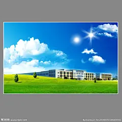 蓝天 白云 草地 小树 厂房 太阳 科技背景 蓝色背景 屏保 画册 环保 节能