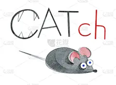 卡通灰色老鼠——猫的玩具。手绘水彩插图与字母“捕捉”在一个白色的背景。海报、明信片、图案、儿童设计、