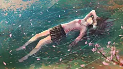 水樱花的花瓣蓝眼睛湿赤脚美丽少女桌面壁纸