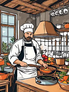 扁平手绘厨师在厨房烹饪插画AI数字艺术