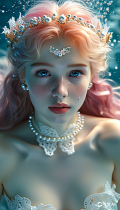 9x16_甜美容貌的美人鱼_白色闪光的鳞片_王冠_巨大的鱼尾_白色蕾丝吊带2