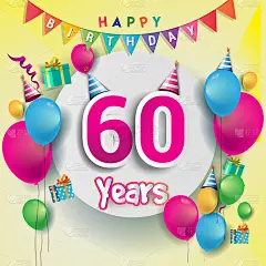 60周年庆典，生日卡或贺卡设计与礼盒和气球，彩色矢量元素为庆祝周年派对。