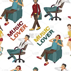 无缝纺织图案与矢量现代平面设计，人们戴着耳机听音乐