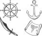 素描风格海盗元素图免抠png透明图层素材|船舵,船锚,大刀,海盗船,海盗旗,海盗矢量素材,卡通地图,骷髅,路线图,绿色小岛,椰树