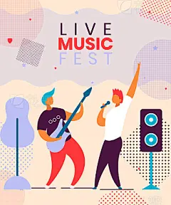Modern cartoon flat characters musical band guitarist,singer on music fest,concert,open air,hand drawn banner flyer concept.Musicians with guitar,microphone playing music,jazz,rock,blues,rockabillyModern cartoon flat characters musical band guitarist,sing