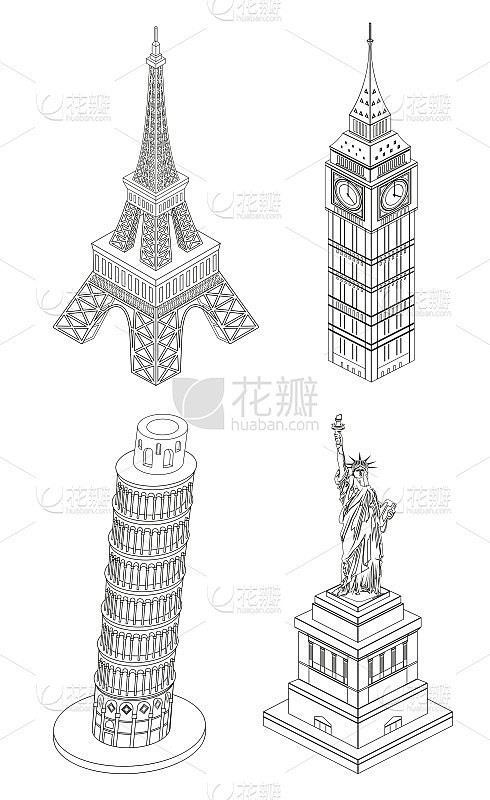 矢量线艺术风格的抽象插图世界著名的地标:...