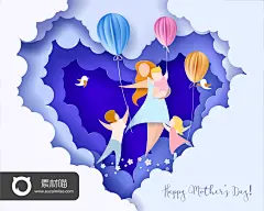 情人节妇女节母亲节男女气球天空云贺卡孩子剪纸插画素材.eps - 素材喵