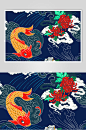 锦鲤海浪蓝中国风国潮祥云仙鹤插画