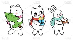 手绘卡通可爱的熊，猫和老鼠和礼物圣诞向量。