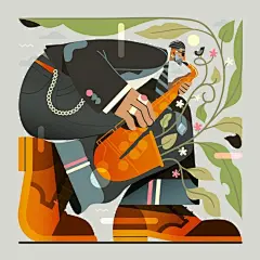 #灵感的诞生#插画师Gaspart绘制了一组乐器与演奏者的主题插画，画面中人物、植物和乐器的组合很有设计感，色彩搭配也很和谐那么架子鼓、大提琴、长笛...你最喜欢哪个乐器咧～ ​​​​
