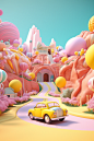 pastel colorclean background,3D artcinematic,colorful ride theme park scene with roller coasters,a carousel and a lexus LC on the road,in the style of vray,cartoon mis-en-scene,meticulous design,desertwave,seaside scenes,soft renderings,yellow and pink,po