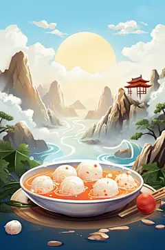 AI数字艺术国潮元宵节汤圆山水插画