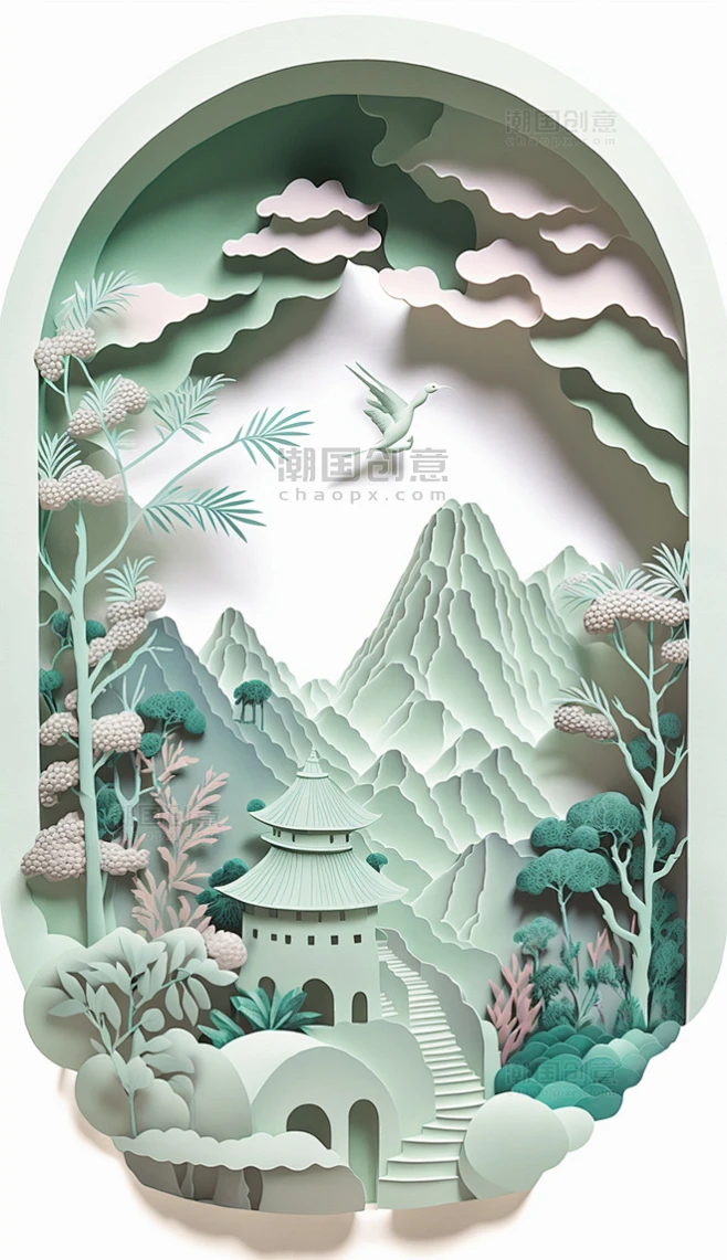 中国风山水花鸟亭子树木剪纸风数字作品AI作品数字插画图片_潮国创意-花瓣网
