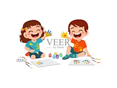 可爱的小男孩和小女孩正在用颜料画画插画图片素材