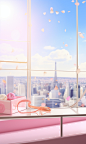 a pink box with flowers in it, white curtains，in the style of grandiose cityscape views, the Eiffel Tower in the city, sun halo in the foreground,anime inspired, glass as material, soft and dreamy atmosphere, spectacular backdrops, playful details, spatia