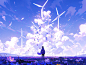 A glowing white-haired boy stands on the top of the hill, with a close-up of the character's bust, wind turbine, tranquil sea of lavender flowers, minimalism, conceptual art, blockbuster purple, animated art style, palette bright, OShare Kei, loose stroke