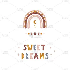 彩虹那种波西米亚风格的海报。甜蜜的梦想。斯堪的纳维亚设计的儿童壁纸和家庭装饰。可爱的蜡笔矢量插图在卡