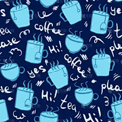 蓝色涂鸦热饮矢量无缝图案，eps10。早上好，主题插图与咖啡杯和茶杯手绘字母