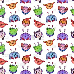 水彩无缝图案可爱有趣的动物脸。彩色手绘插图与各种卡通口吻孤立在白色的背景。