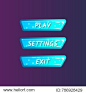 漫画风格的蓝色游戏界面元素。播放，设置和退出按钮。明亮的用户设计隔离矢量插图
